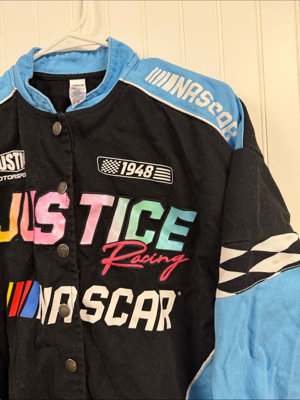 Justice Racing Colorblock Bomber Jacket - Black & Light Blue - Picture 3 of 4